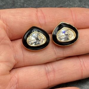 #1180 Christian DIOR women’s vintage earrings gold black enamel diamond crystal